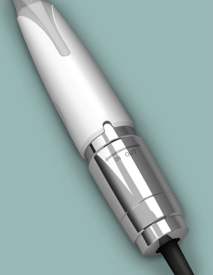This picture shows the Tattoo-Pen from an oblique top view with a focus of the modular construction.