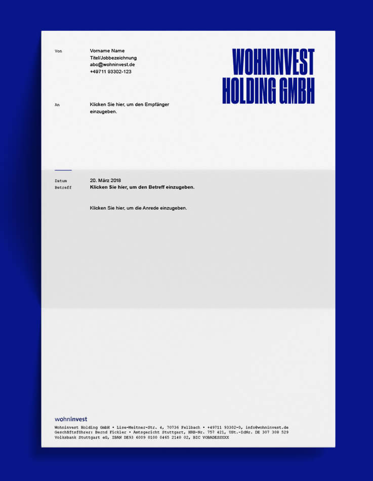 This picture shows the redesigned stationery of Wohninvest Holding GmbH.