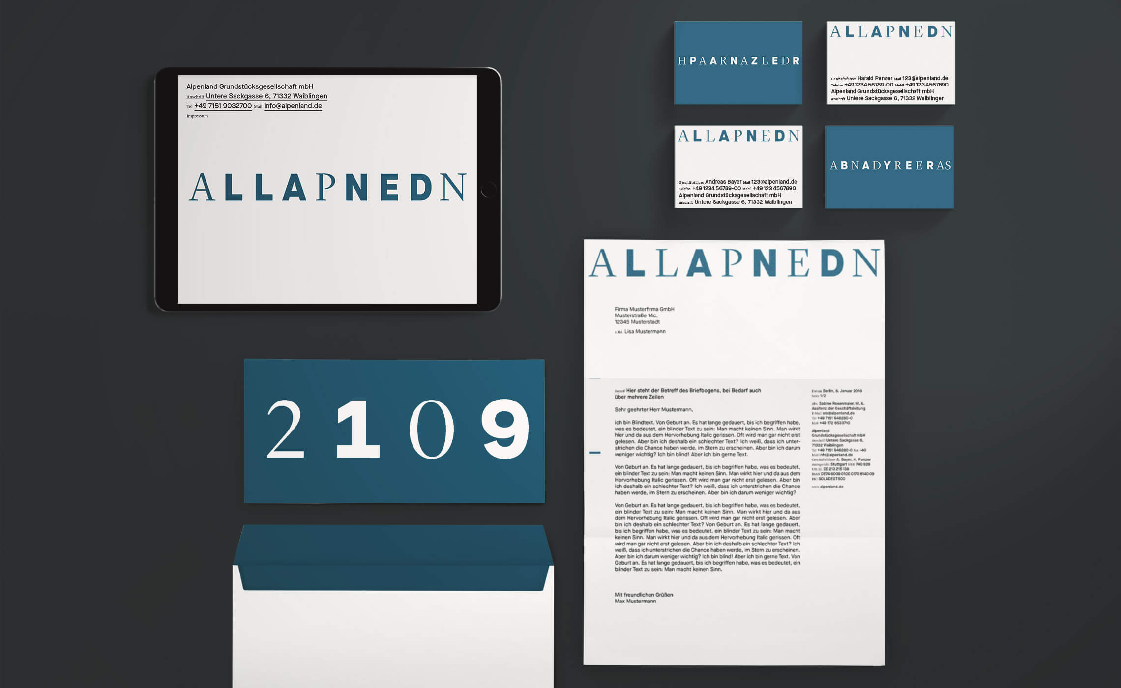 In this picture you can see the individual elements of the business equipment such as letterheads, envelopes, business cards and greeting cards.