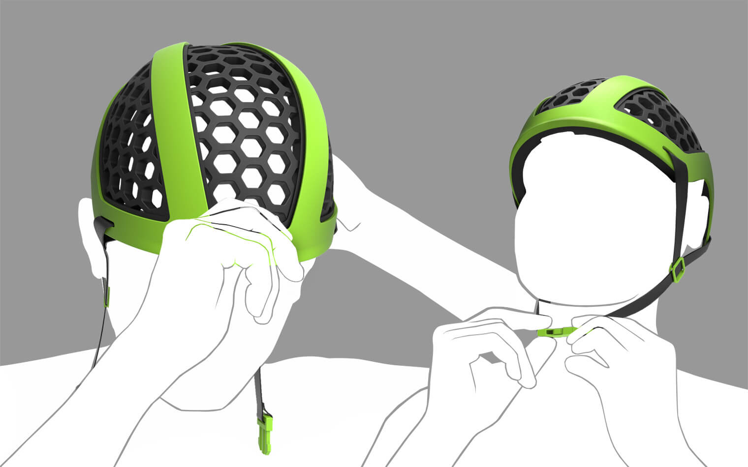 This picture shows different stages of placing the helmet on your head.