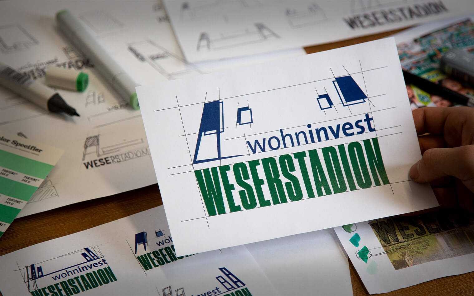 This picture shows the process for the logo of the wohninvest WESERSTADION.