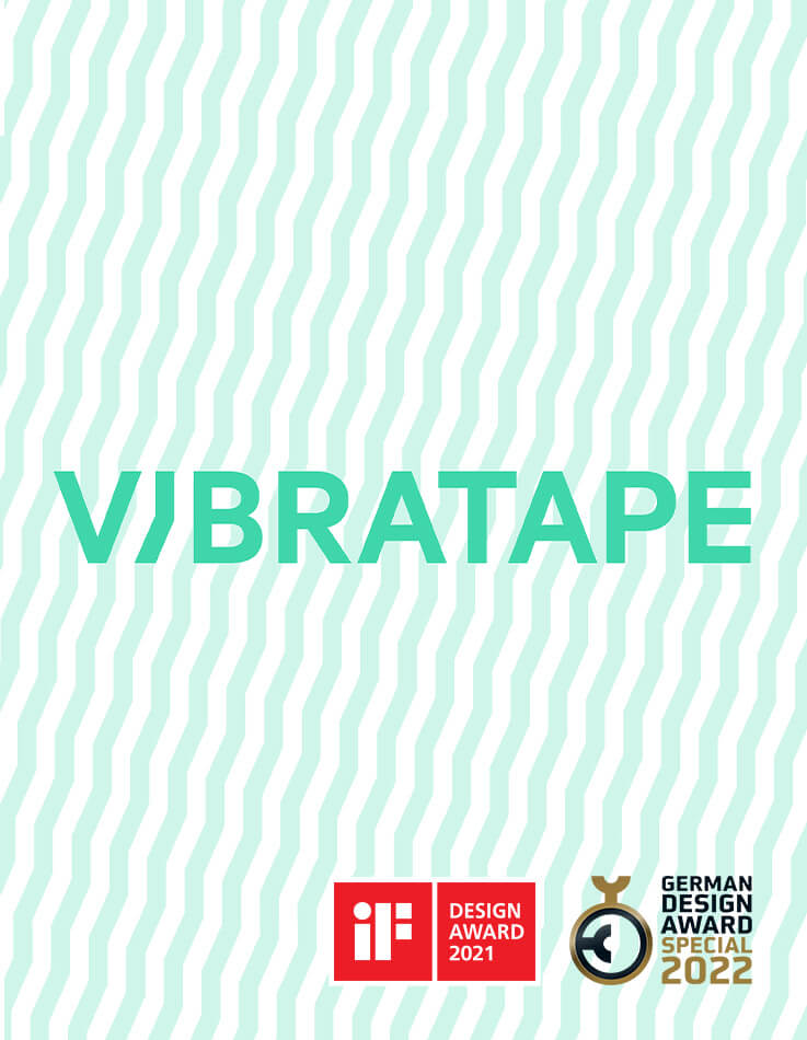 Auf diesem Bild ist das Logo Vibratape mit den Design Awards iF Design Award 2021 und German Design Award 2022 zu sehen.