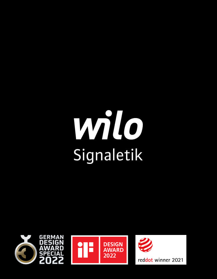 Auf diesem Bild sind die Logos Wilo mit dem Zusatz Signaletik, German Design Award 2022, iF Design Award 2022 und Red Dot Winner 2021 zu sehen.