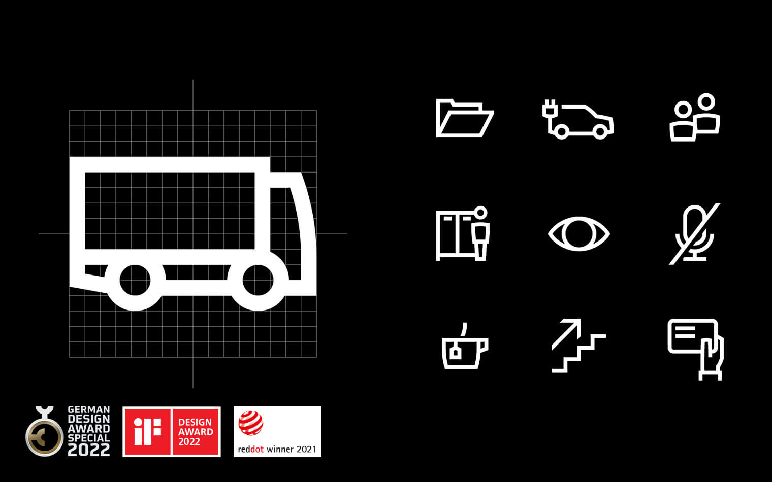 Auf diesem Bild sind Icons der Wilo Piktogramme und die Logos German Design Award 2022, Red Dot Winner 2021 und iF Design Award 2022 zu sehen.
