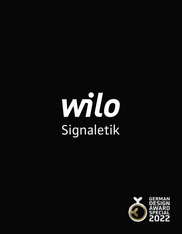 In this picture you can see the Wilo Logo with the addition of Signaletik and the logo German Design Award 2022 Special.