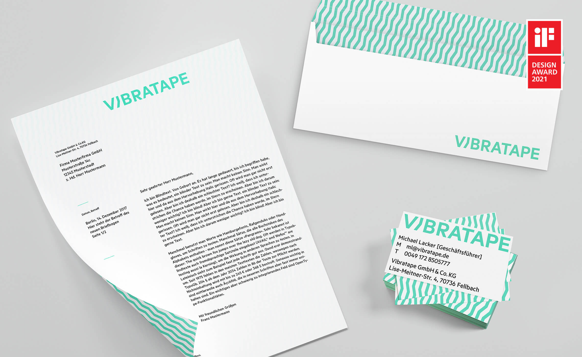 Auf diesem Bild ist die Geschäftsausstattung von Vibratape mit dem IF-Design Award-Logo zu sehen.