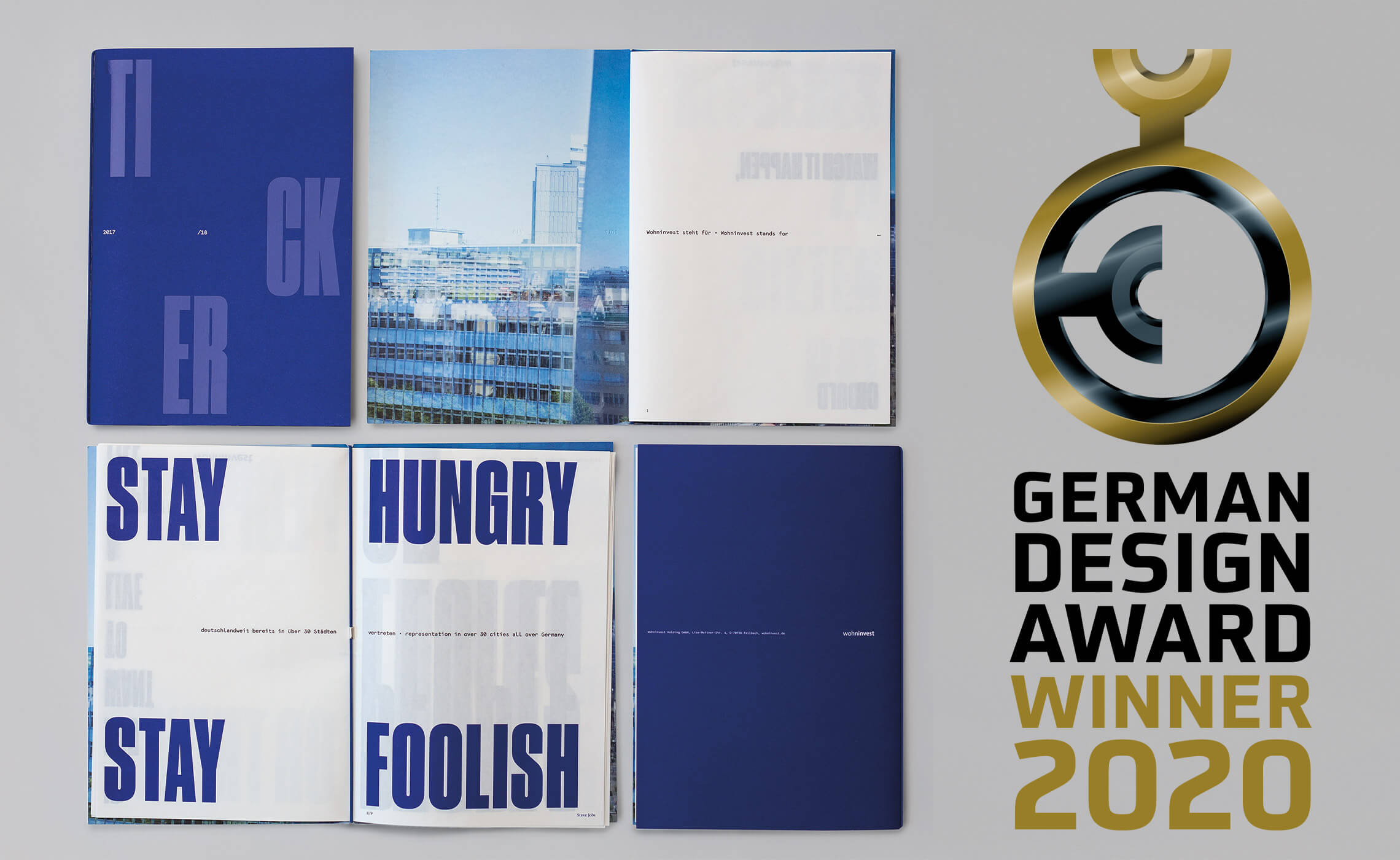 Dieses Bild zeigt die Wohninvest Imagebroschüre aufgeklappt und als aufgefaltetes Poster mit dem Logo des German Design Awards.