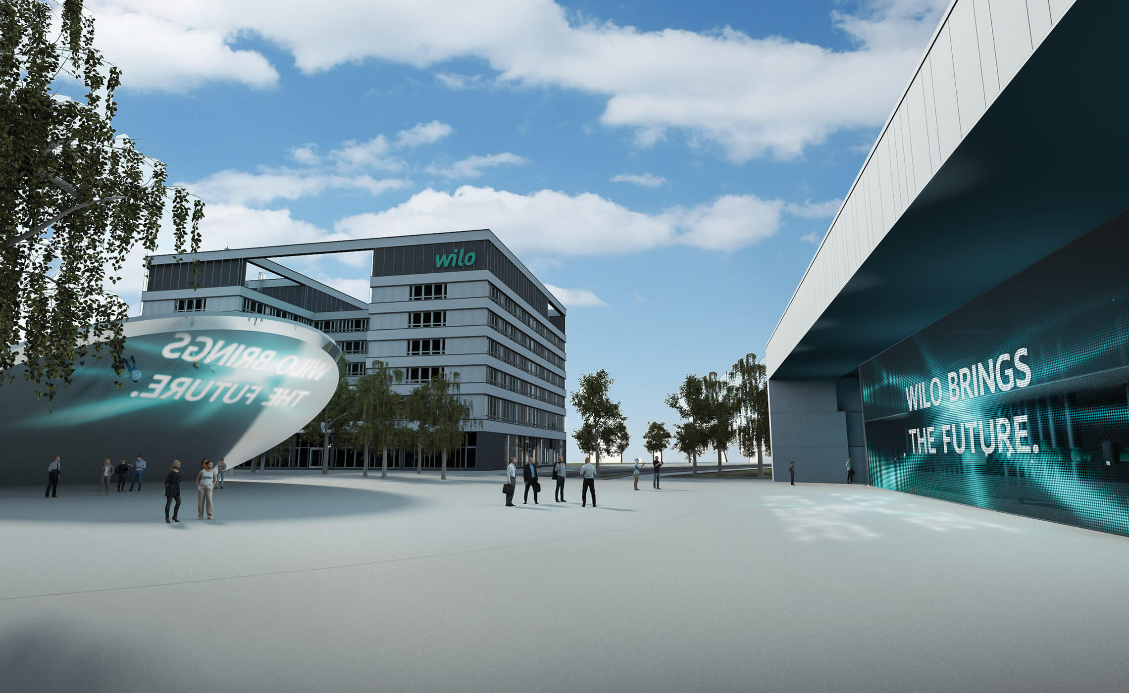 Auf dieser Visualisierung ist der neue Campus der Wilo SE zu sehen, wo Mehnert Corporate Design im Bereich des Corporate Architecture tätig war.