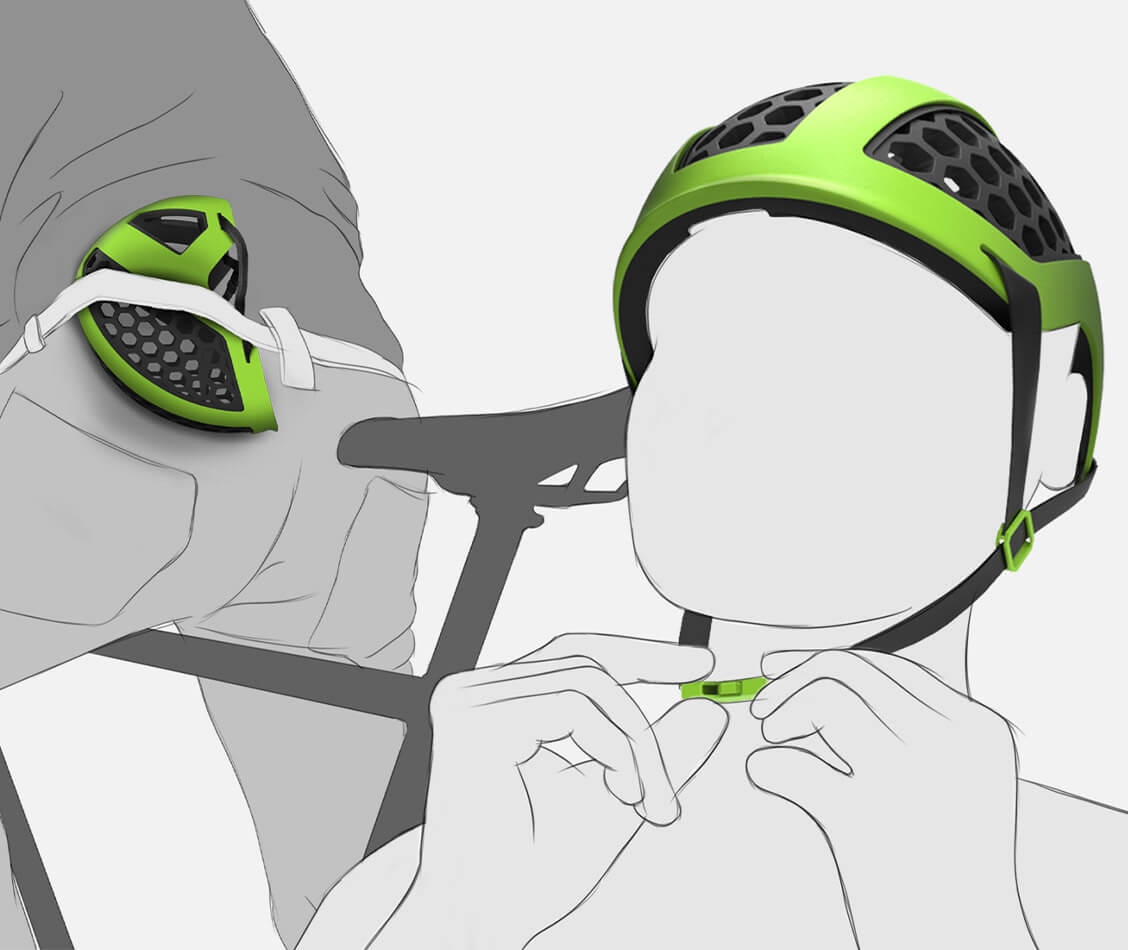 On this picture you can see the concept for a bicycle helmet HelMut, which can be folded to a minimum size by its product design.