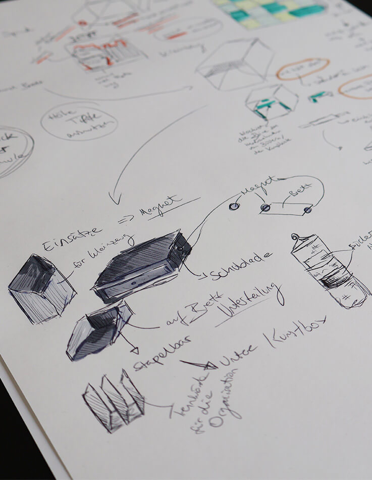 A close-up of Lara-Marie's product sketches.