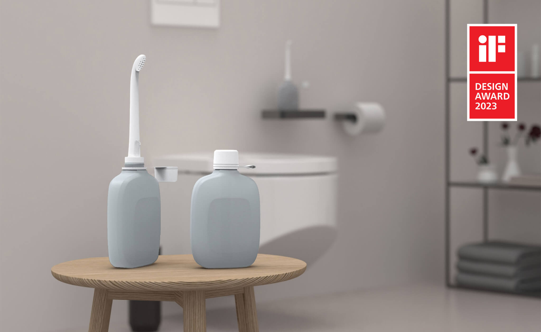 The mobile bidet in the closed and open state in the bathroom with the iF Design Award logo.