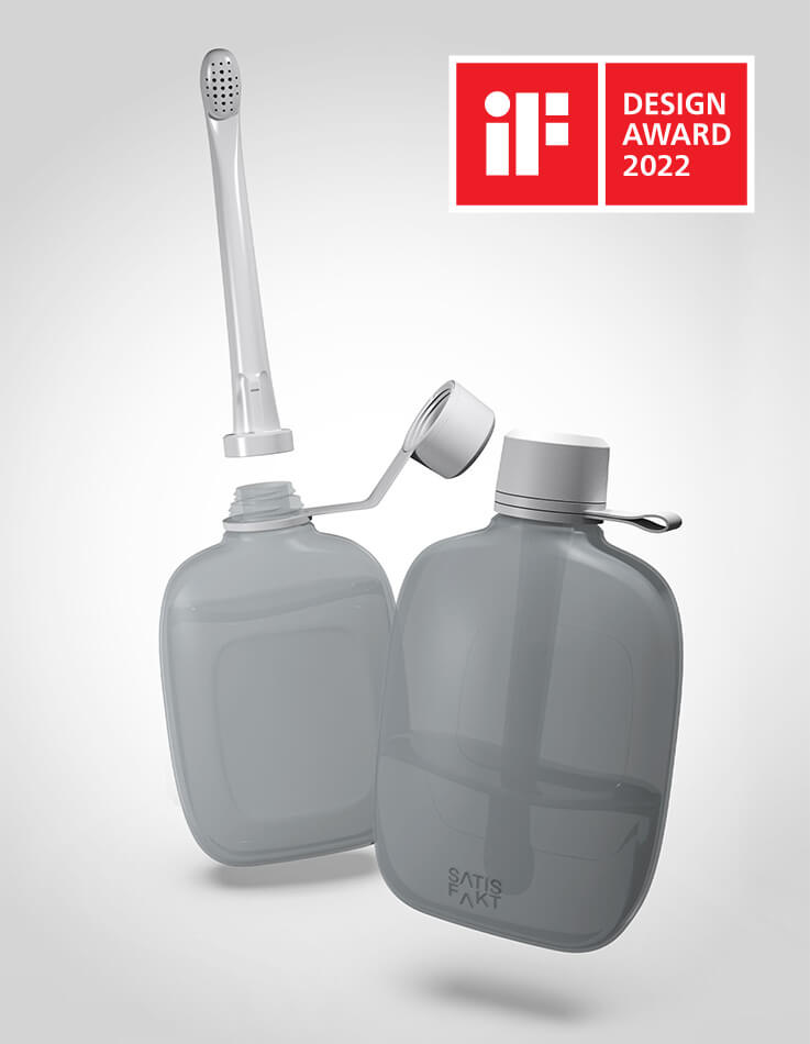 The mobile bidet in closed and opened state as a single display with the iF Design Award logo.